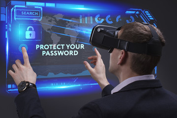 Business, Technology, Internet and network concept. Young businessman working on a virtual screen of the future and sees the inscription: Protect your password