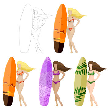 Vector set sketch of young slim cute girl in bikini stands with surfboard isolated on white background in different colors