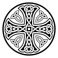 Celtic national ornament in the shape of a cross. Black ornament isolated on white background.