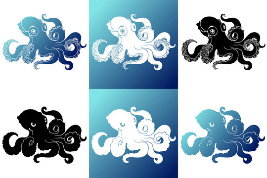 Set six silhouette octopus on white blue