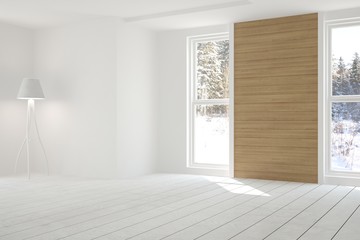 Fototapeta premium White room with lamp and winter landscape in window. Scandinavian interior design. 3D illustration
