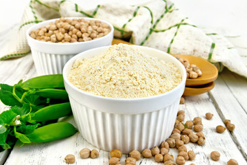 Flour chickpeas in white bowl on light board