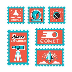 Post stamp with rocket in the space and flat stamp