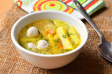 Soup with meat balls. Food Photo