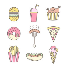 Linear Flat fast food badges, icons or logo emblems set. Elements on the theme of the fast food business.