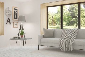 White room with sofa and green landscape in window. Scandinavian interior design. 3D illustration