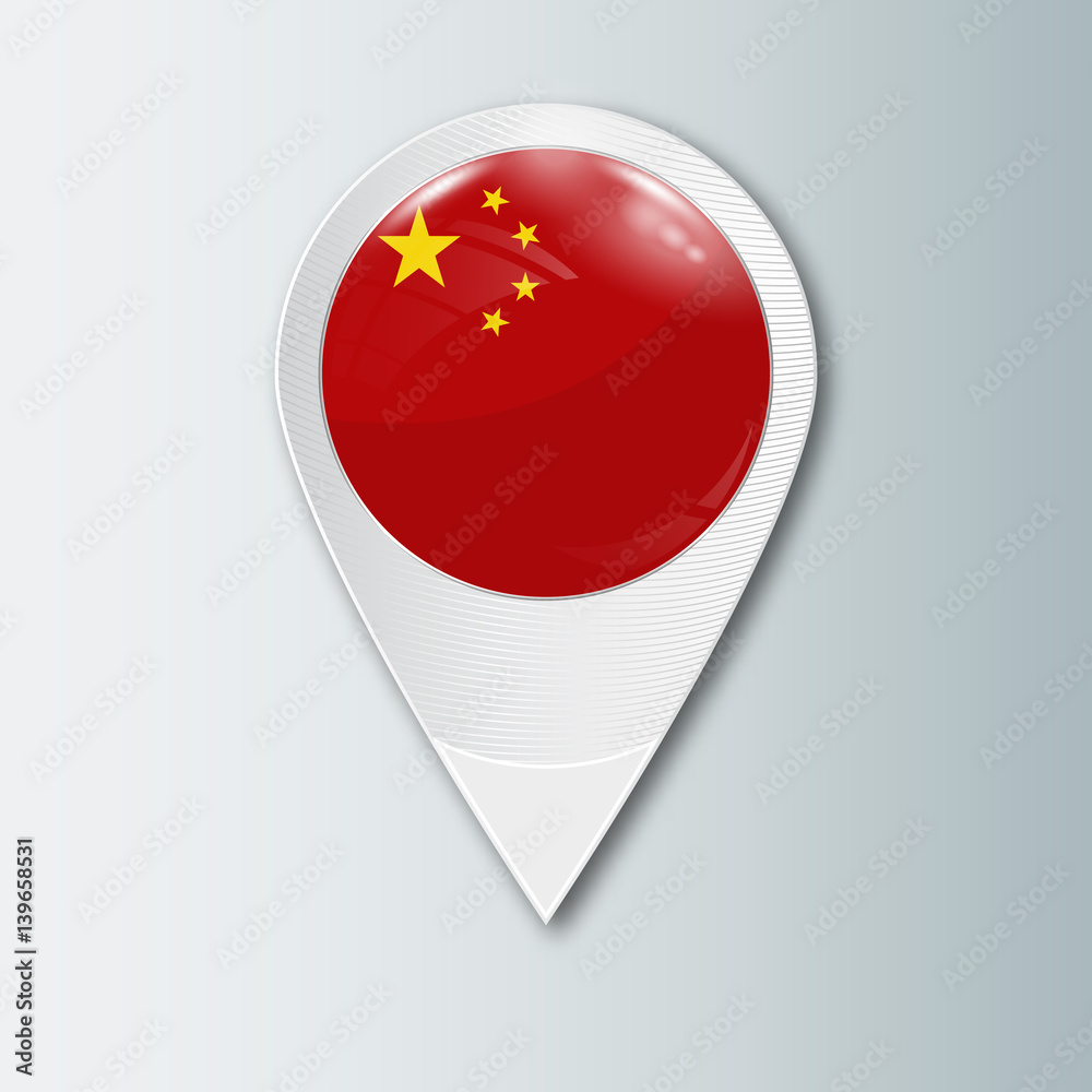 Poster pointer with the national flag of china in the ball with reflection. tag to indicate the location. r