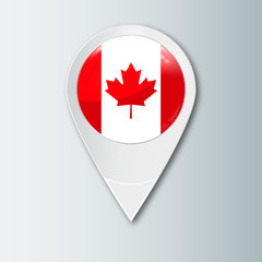 Pointer with the national flag of Canada in the ball with reflection. Tag to indicate the location. Realistic vector illustration.