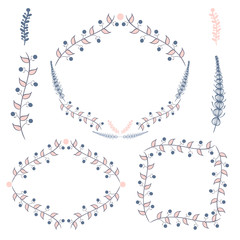 Floral round frame with hand drawn branch, petals. Decorative element  can be used for greeting card, wedding invitation. Doodle emblem.