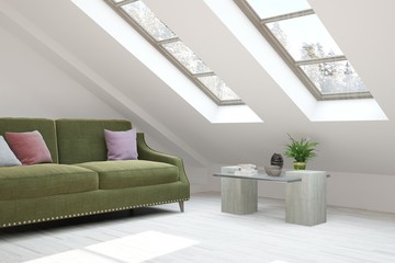 White room with sofa and winter landscape in window. Scandinavian interior design. 3D illustration