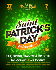 Saint Patrick's Day party celebration poster, banner design. 17 March nightclub invitation with lettering on bright green clover background