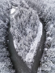 Birds Eye View of Forest River Winding by Island Covered in Cold Winter Snow