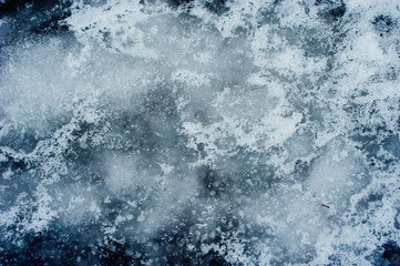 Cold blue ice texture on a winter lake. Frost