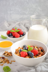 Homemade granola with fresh berries, selective focus, copy space