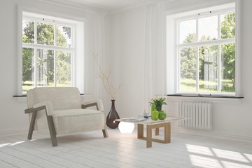 White room with armchair and green landscape in window. Scandinavian interior design. 3D illustration