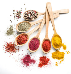 Assortment of colorful spices in the wooden spoons on the white background.