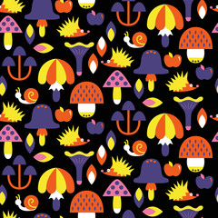 Seamless pattern with different mushrooms