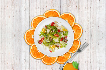 Dietary food. Salad, orange and clean page