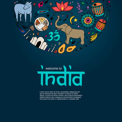 Welcome to India concept. Colorful hand drawn elements of India on a dark blue background.