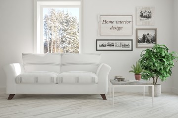 White room with sofa and winter landscape in window. Scandinavian interior design. 3D illustration