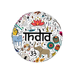 Colorful India in the form of circle. Hand drawing elements of India on a white background.