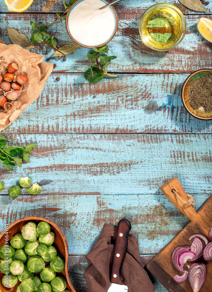 Sticker Frame of ingredients for cooking healthy food on wooden table