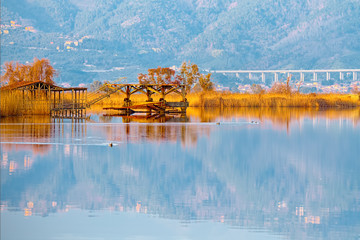 Old fishing pier on lake Massaciuccoli (Torre del Lago Puccini,