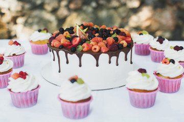 Delicious fruit cake with cupcakes for a happy birthday