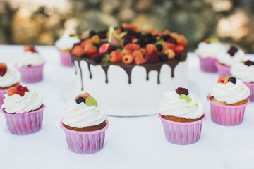 Delicious fruit cake with cupcakes for a happy birthday