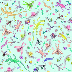 Beetles, snails, lizards and flowers in a naïve style, seamless pattern, hand drawn colored pencils illustration (green colors)