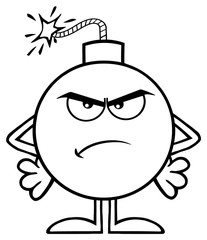 Black And White Angry Bomb Cartoon Mascot Character. Illustration Isolated On White Background