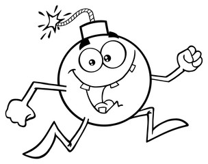 Black And White Crazy Bomb Cartoon Mascot Character Running.Illustration Isolated On White Background