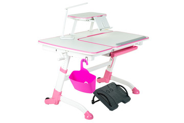 Pink school desk, pink basket, desk lamp and black support under legs