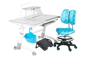 Blue chair, gray school desk, blue basket, desk lamp and black support under legs