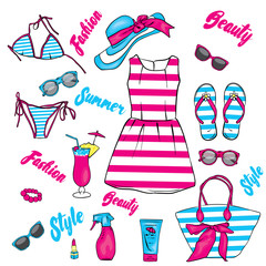 A set of summer clothes and accessories. Beach bag, hat, flip flops, dress, swimsuit, cocktail, glasses and tanning agents. Vacation at sea. Women's things.