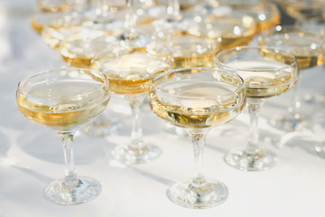 Beautiful hill with champagne at the Banquet for the newlyweds.