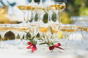 Beautiful hill with champagne at the Banquet for the newlyweds.