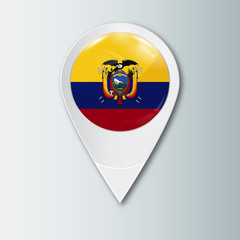 Pointer with the national flag of Ecuador in the ball with reflection. Tag to indicate the location. Realistic vector illustration.