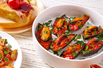 Tapas mix and pinchos food from Spain recipes also pintxos