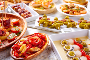 Tapas mix and pinchos food from Spain