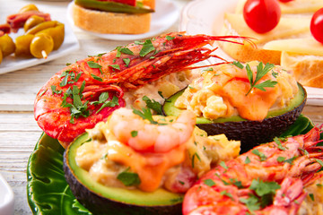Shrimp pinchos with avocado Spain tapas