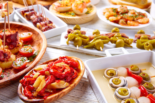 Tapas mix and pinchos food from Spain