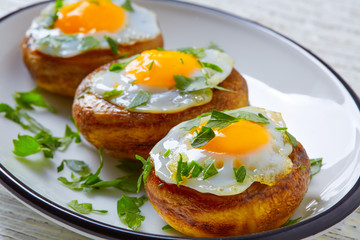 Tapas mushrooms with quail eggs from Spain