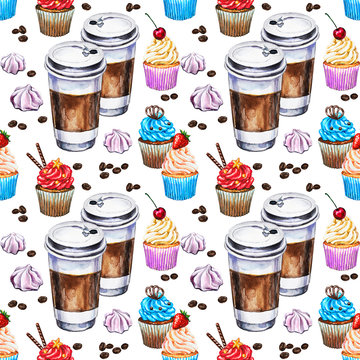 Watercolor seamless pattern with disposables cups of coffee, cupcakes, meringues and coffee beans. Hand painted illustration.