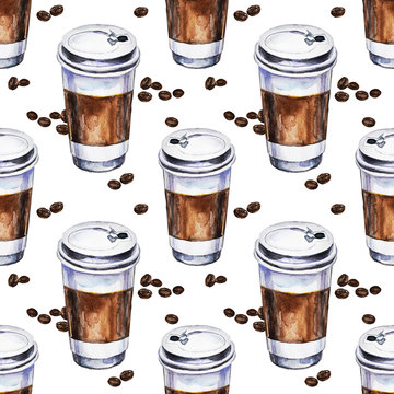 Watercolor seamless pattern with disposables cups of coffee and coffee beans. Hand painted illustration.