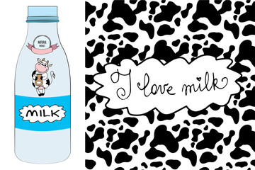 Milk bottle with Smile and cute cow,Cow skin pattern