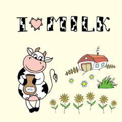 Cute cartoon cow,farm background and I love milk inscription