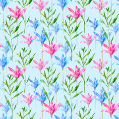 Floral seamless pattern of a pink and blue bell. Snowdrop and herb.Watercolor hand drawn illustration. Blue background.