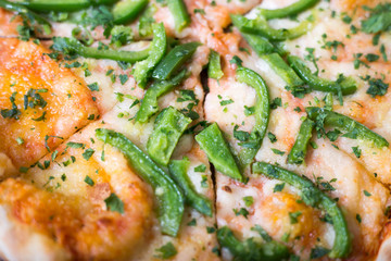 Italian pizza with green pepper in paper box tasty macro picture useful for background