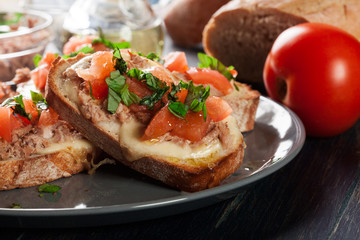 Appetizer bruschetta with tuna, mozarella cheese and tomatoes